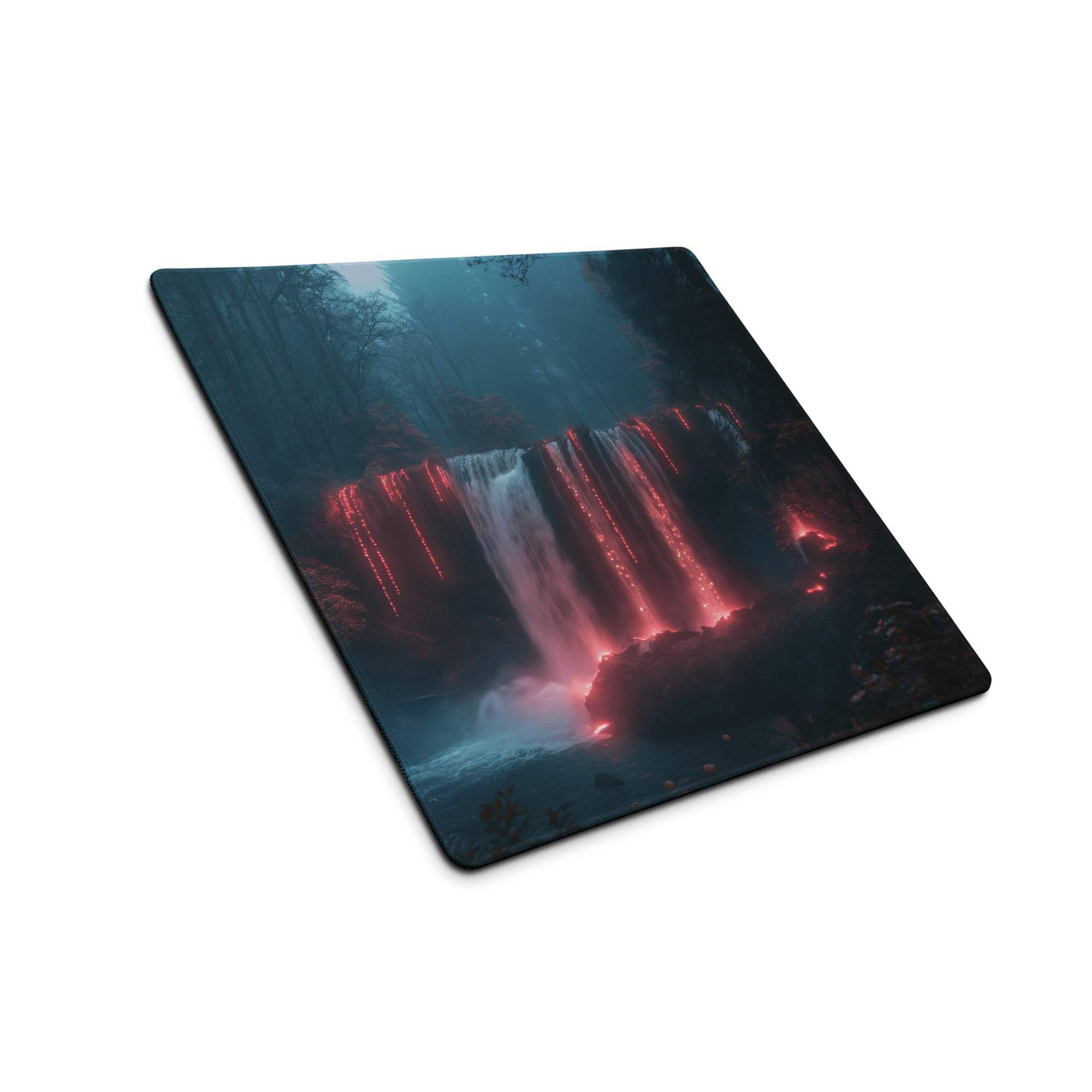 Premium large gaming mouse pad with red glowing waterfall in dark neon forest