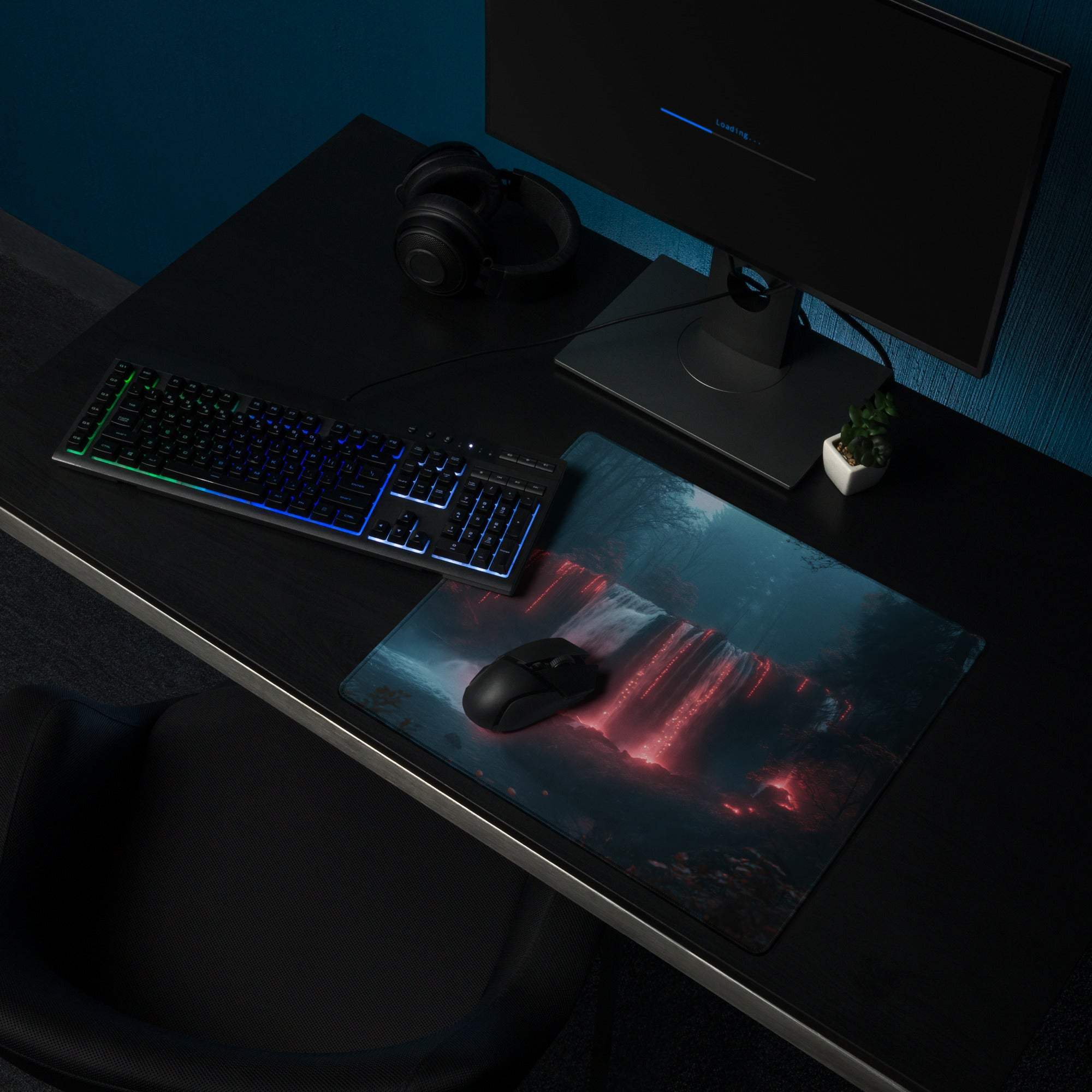 Premium large gaming mouse pad with dark neon forest, non-slip base, stitched edges