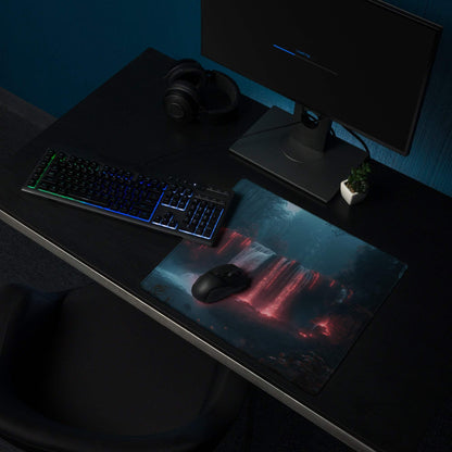 Premium large gaming mouse pad with dark neon forest, non-slip base, stitched edges