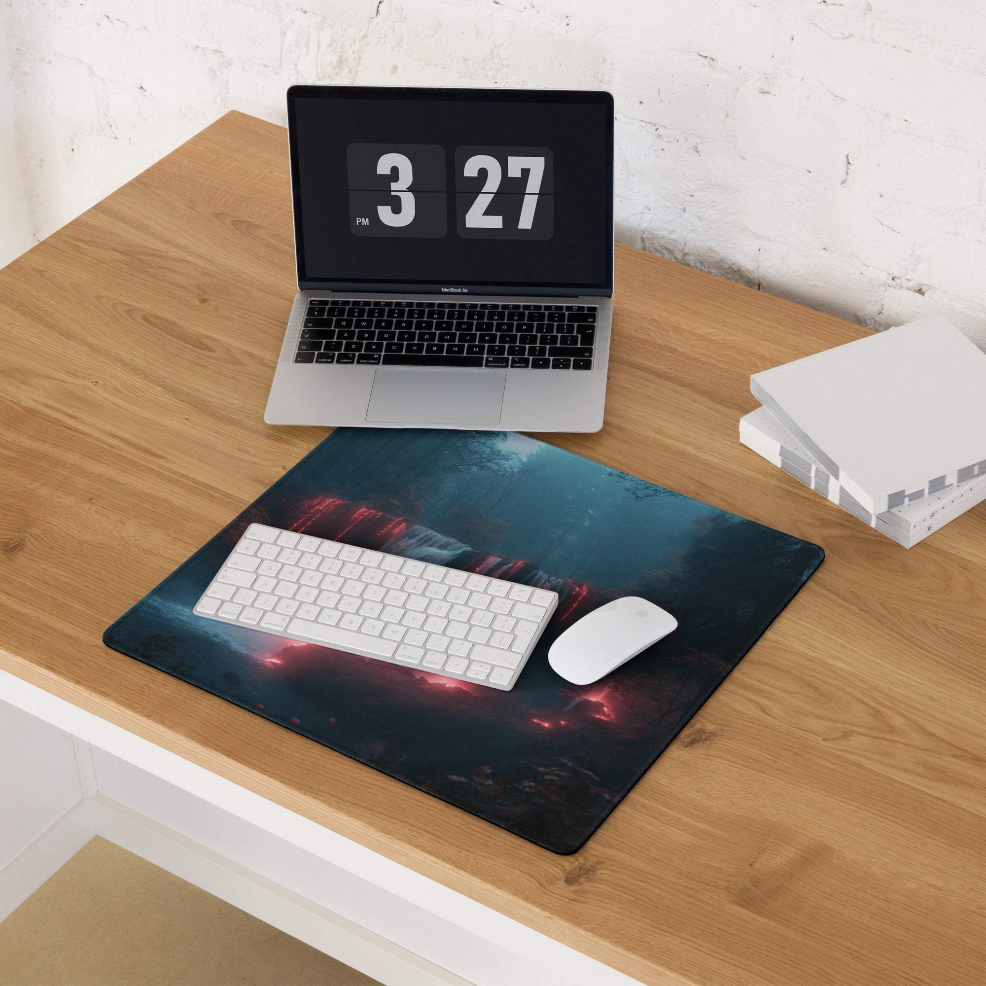 Premium large gaming mouse pad with dark neon forest design, keyboard, mouse