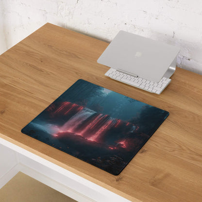 Premium large gaming mouse pad with glowing red pink waterfall in dark neon forest