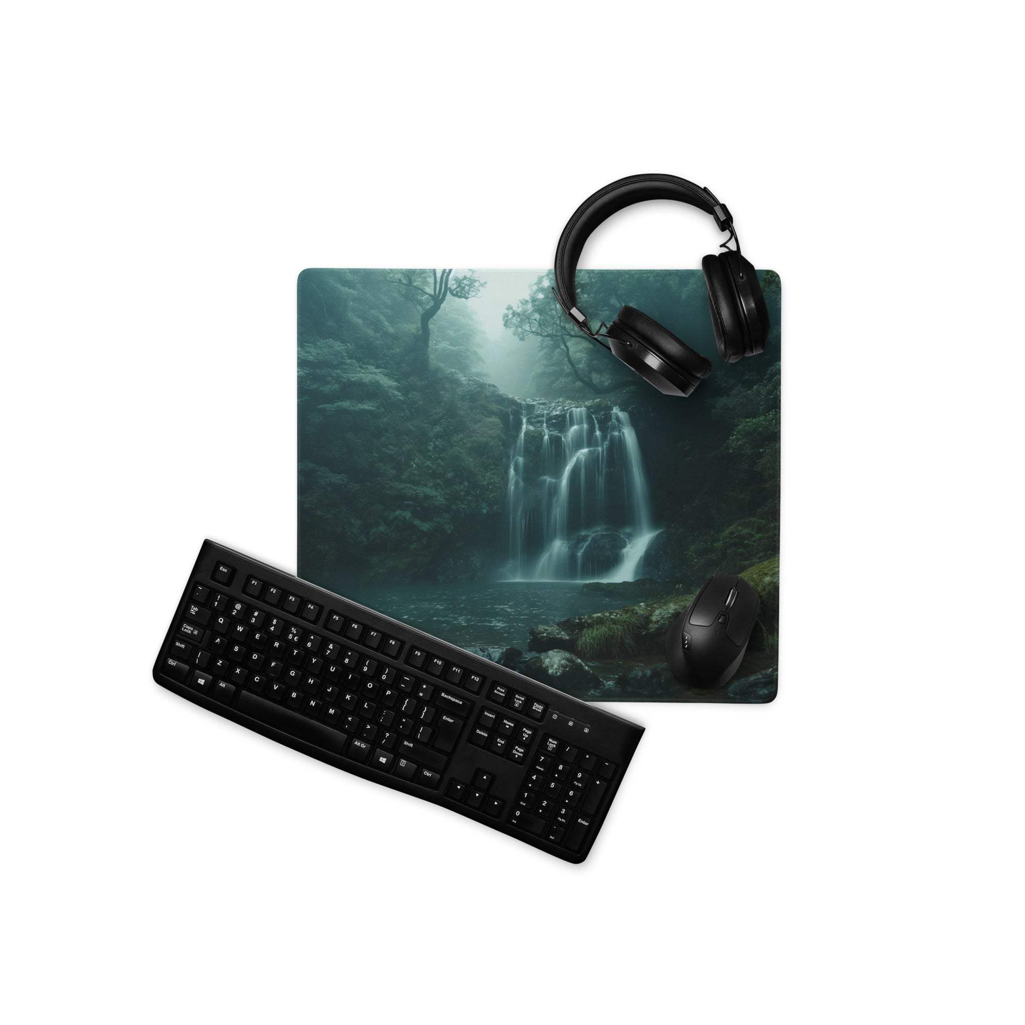 Black keyboard and mouse on Moody Forest misty waterfall gaming pad