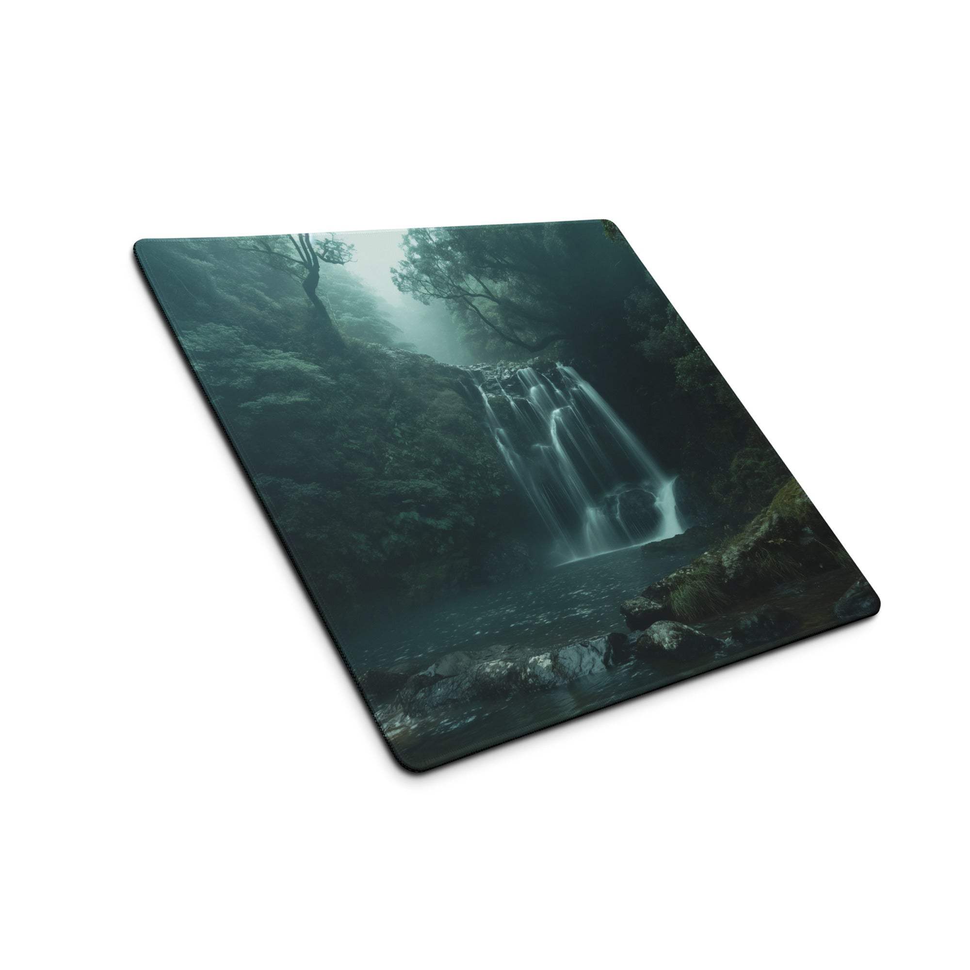 Moody Forest Green gaming mouse pad with misty waterfall print