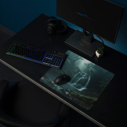 Moody Forest Green gaming mouse pad with teal waterfall, edge stitching, non-slip backing