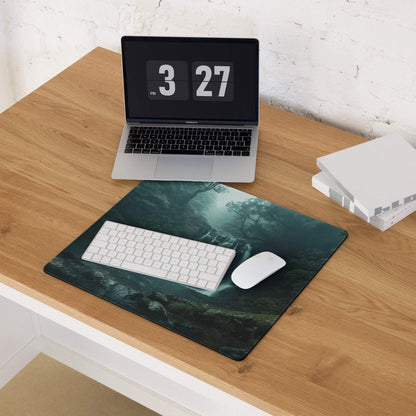 Moody Forest Green gaming mouse pad with waterfall misty trees design