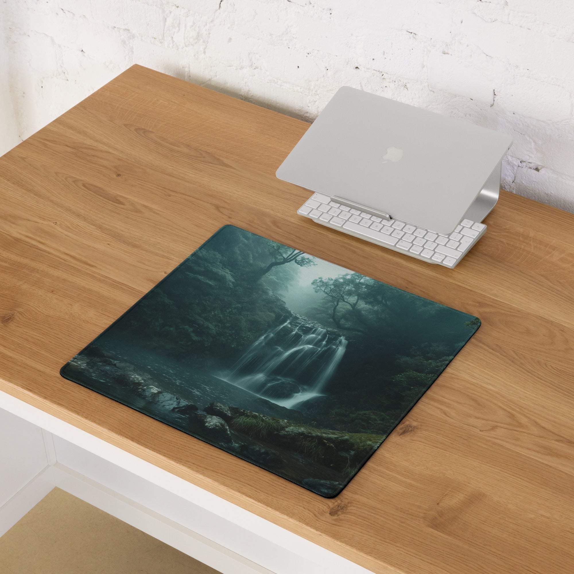 Moody Forest Green gaming mouse pad with dark green teal waterfall scene