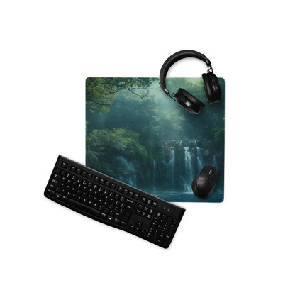 Black keyboard mouse on Premium Forest Mist gaming mat with headphones