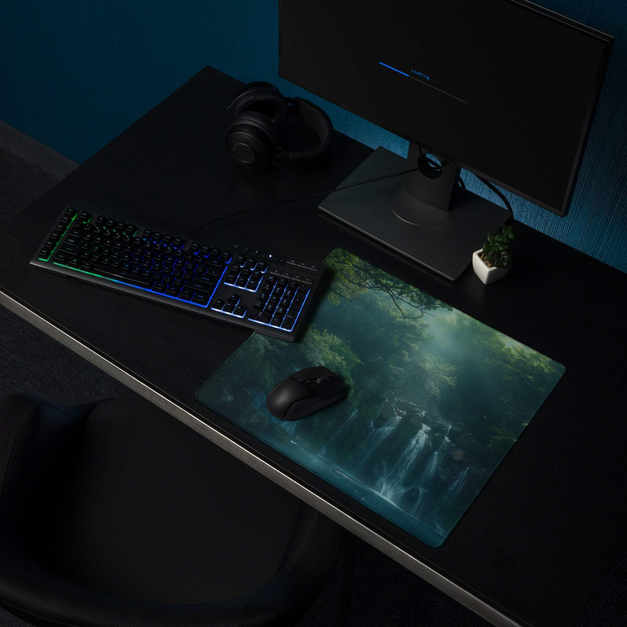Premium Forest Mist large gaming mouse pad with forest waterfall scene