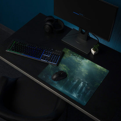 Premium Forest Mist large gaming mouse pad with forest waterfall scene