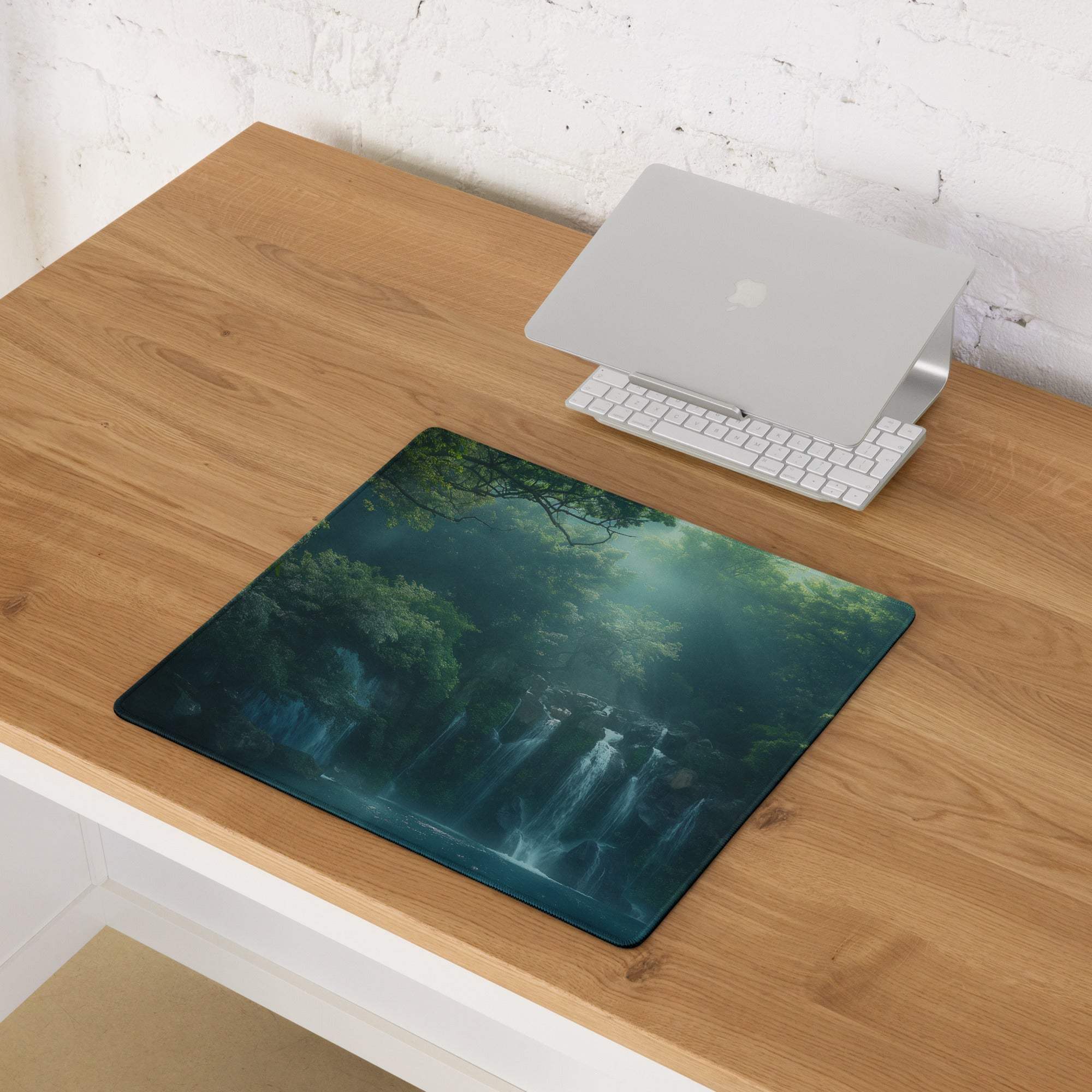 Premium Forest Mist large gaming mouse pad with forest waterfall scene