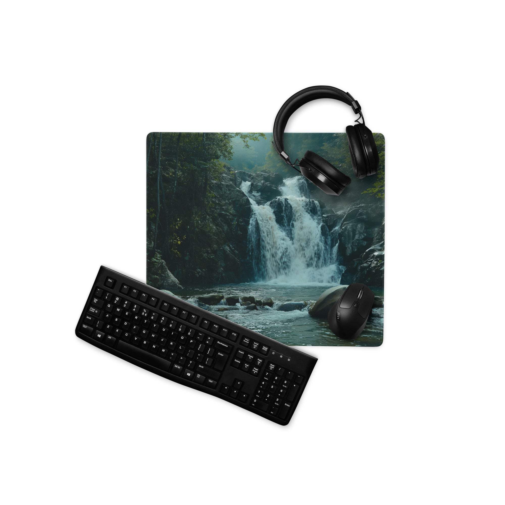 Black matte qwerty keyboard on nature-inspired forest waterfall gaming mouse pad