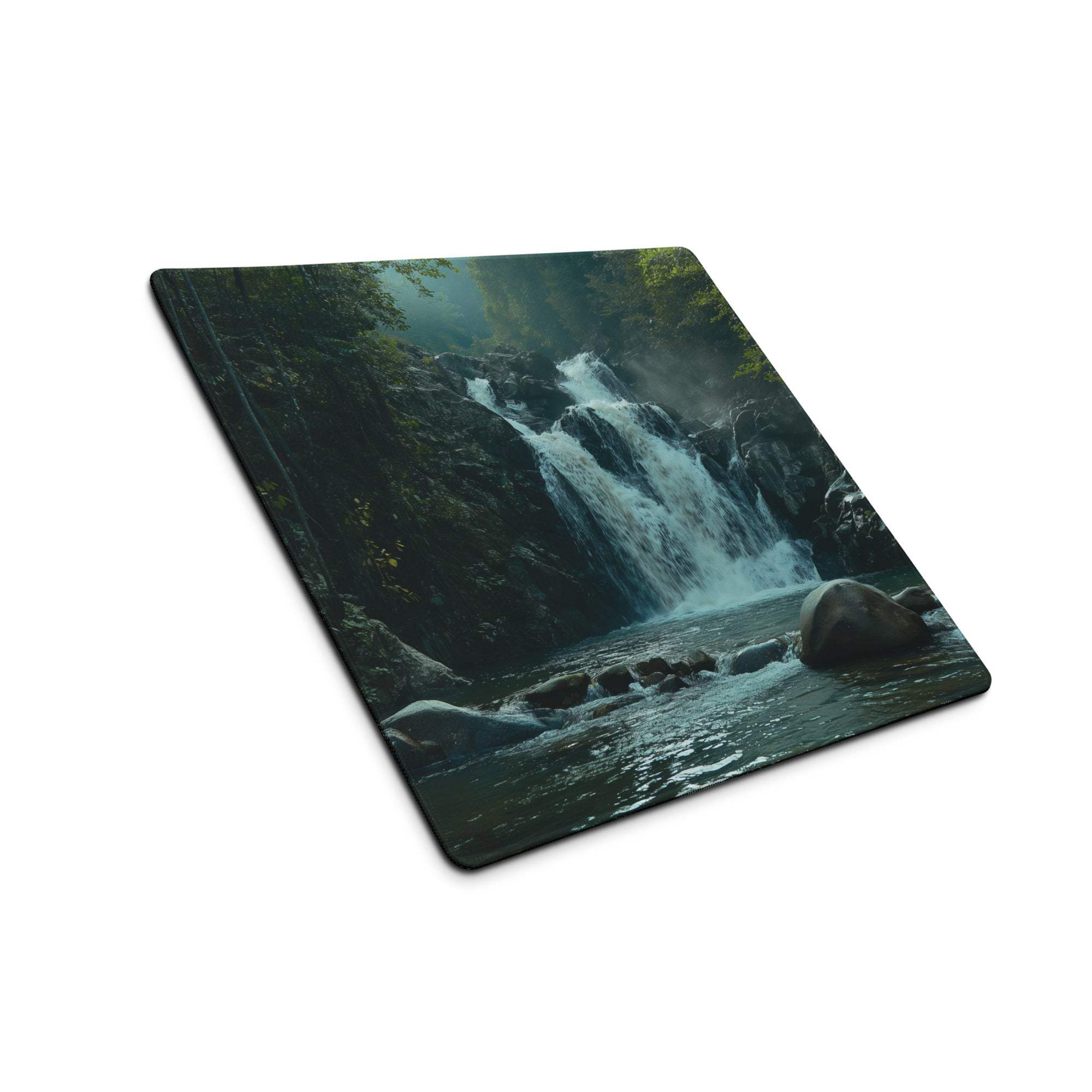 Nature-inspired forest waterfall gaming mouse pad with mossy rocks and lush greenery