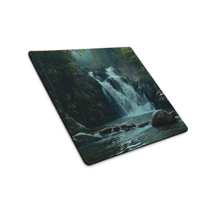 Nature-inspired forest waterfall gaming mouse pad with mossy rocks and lush greenery