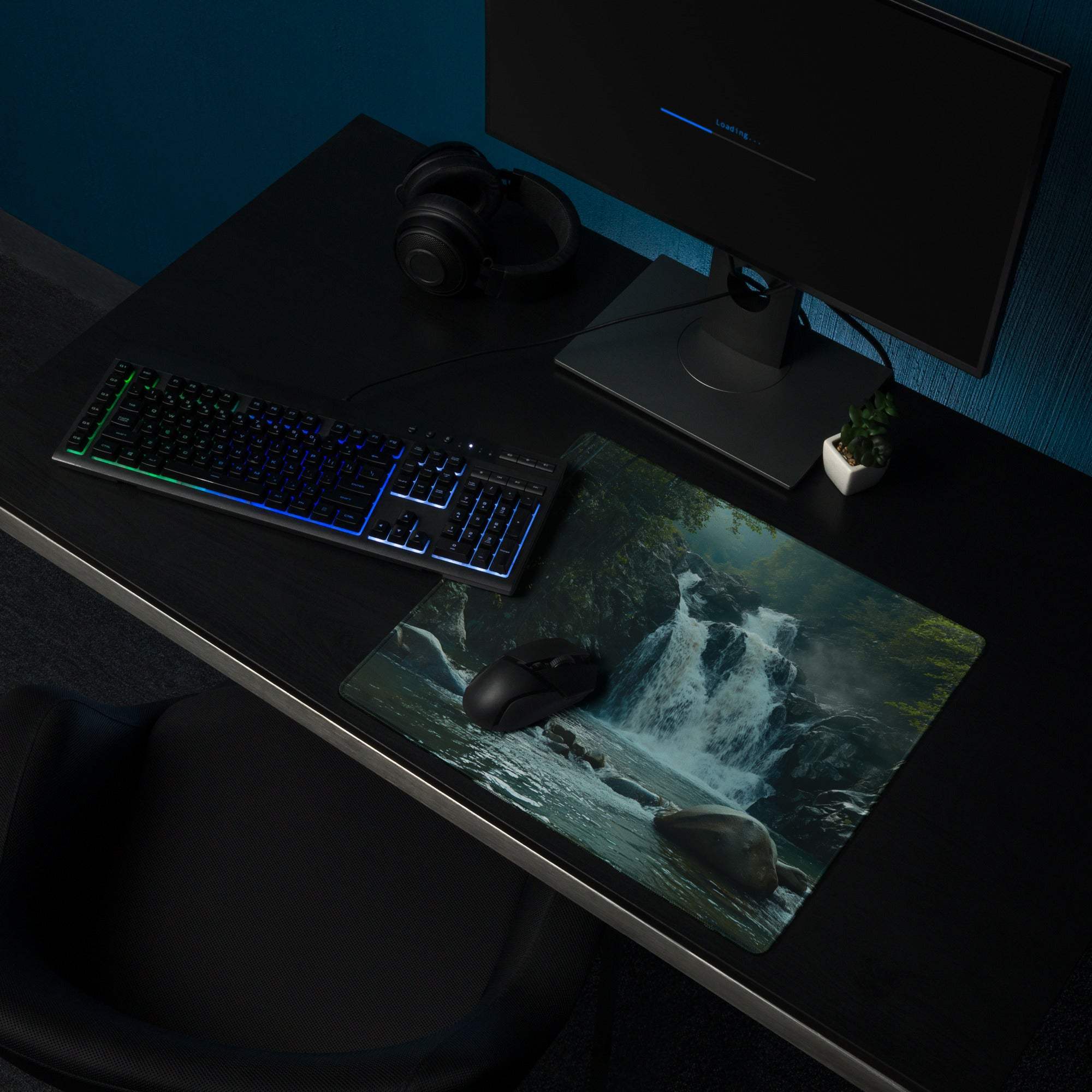 Nature inspired forest waterfall gaming mouse pad with lush greenery