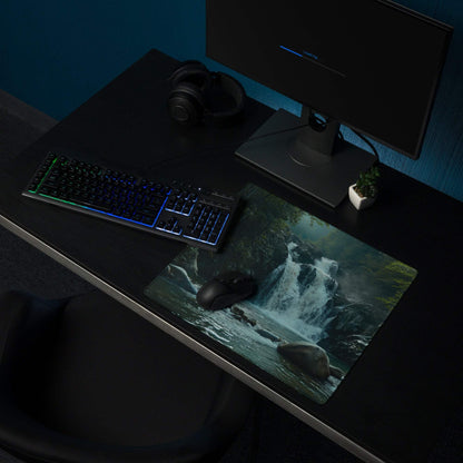 Nature inspired forest waterfall gaming mouse pad with lush greenery