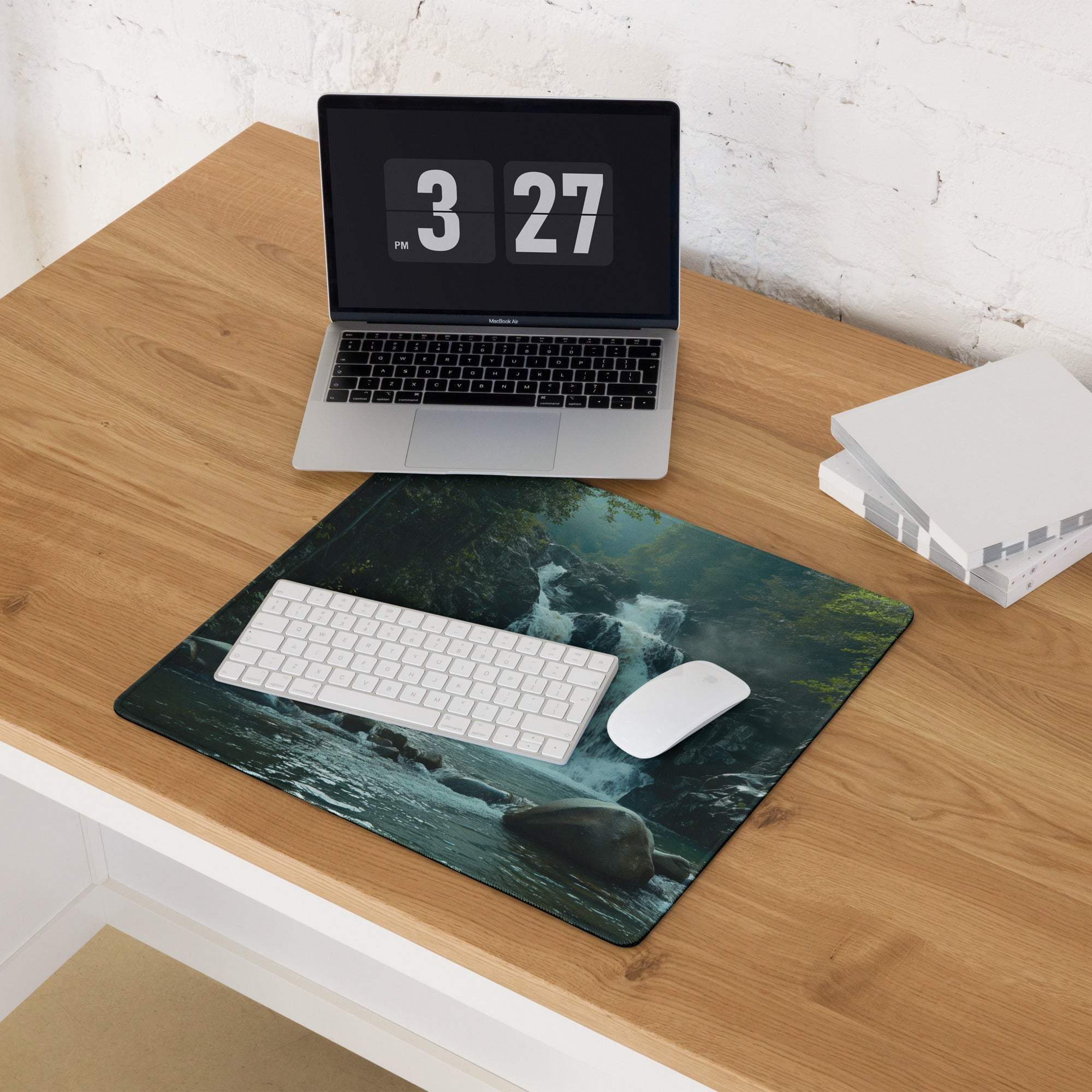 Nature inspired misty forest stream mouse pad with edge stitching