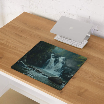 Nature inspired misty forest waterfall gaming mouse pad with edge stitching