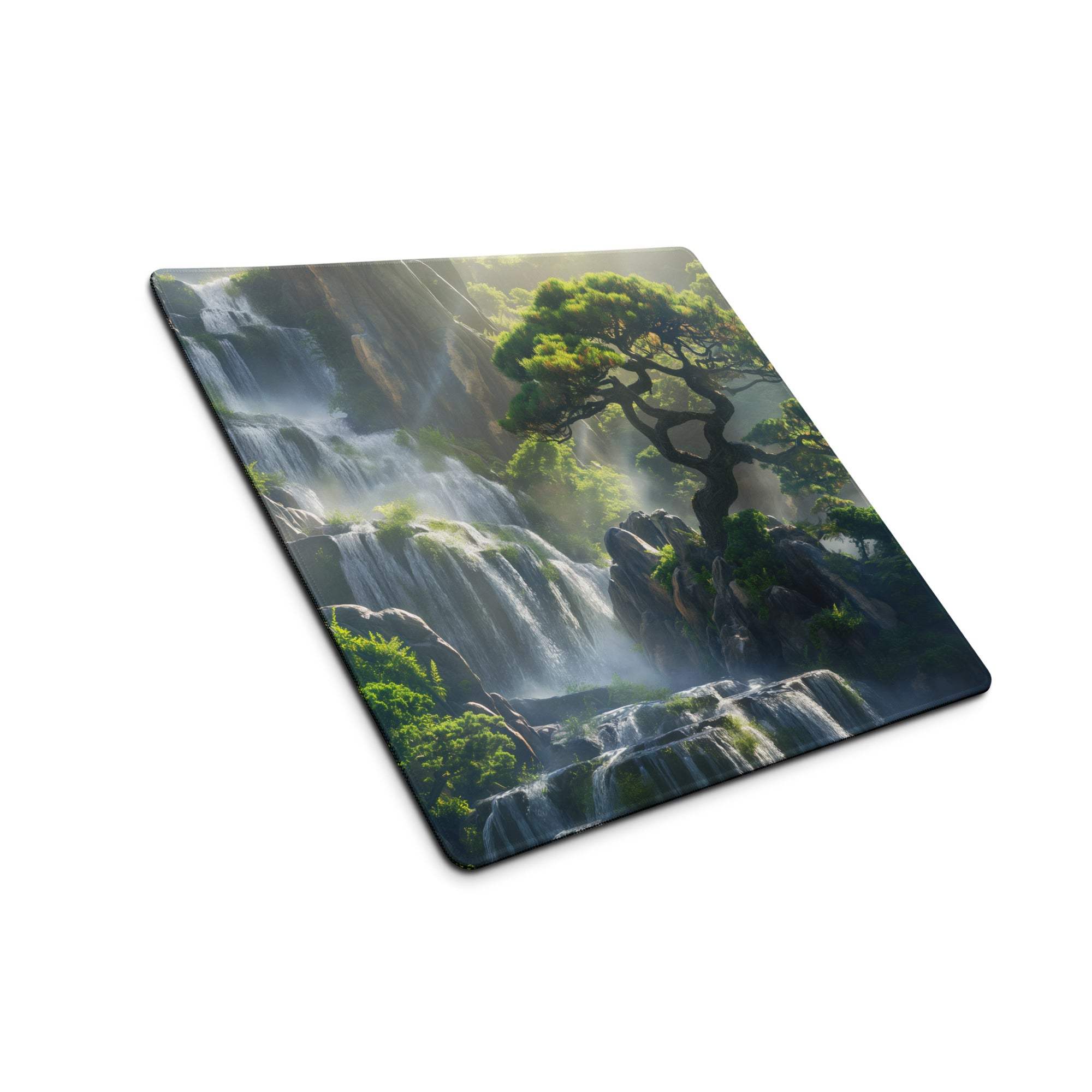 Serene waterfall and bonsai tree gaming mouse pad with non-slip backing