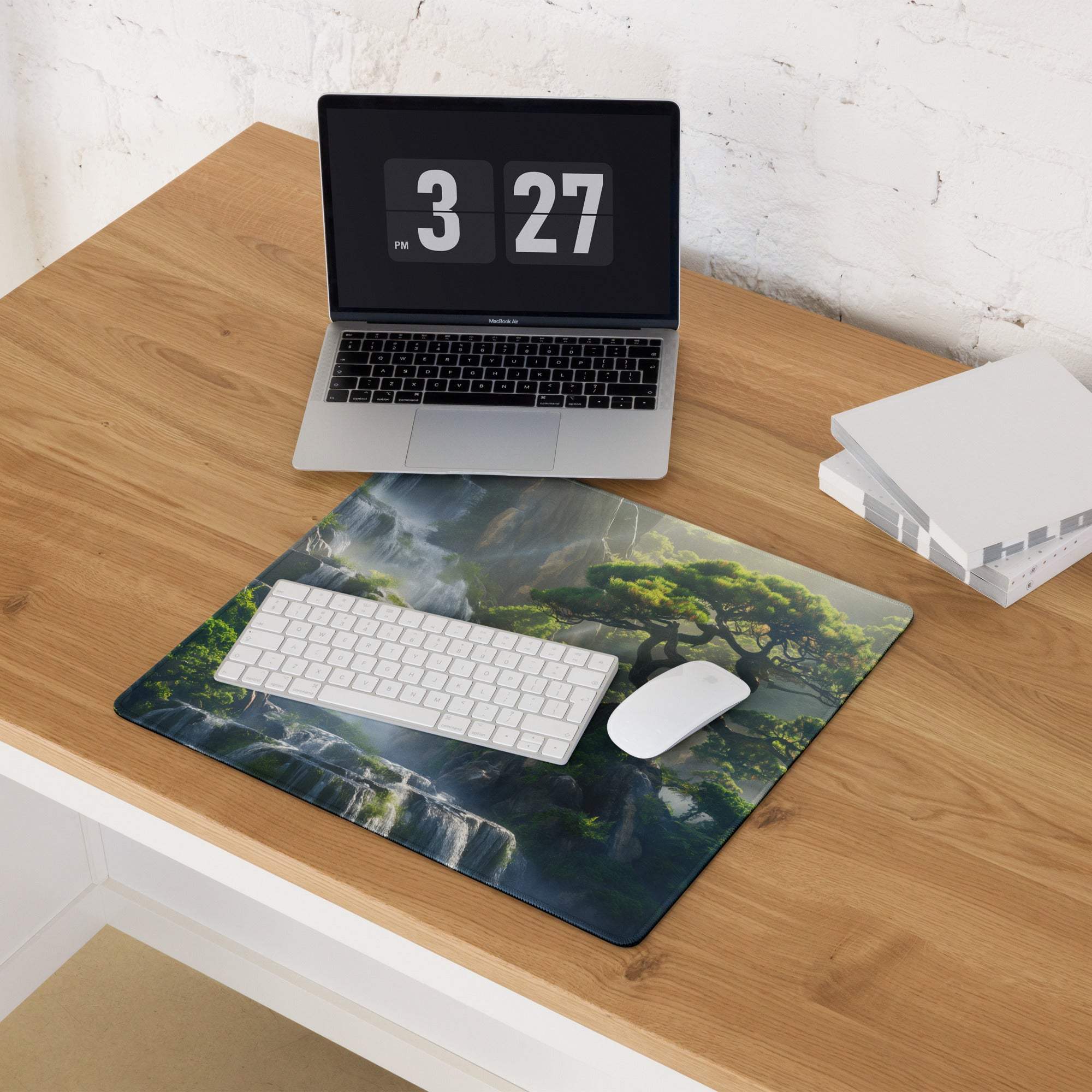 Serene waterfall and bonsai tree gaming mouse pad with non-slip backing
