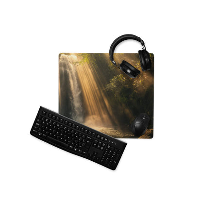 Golden Sun Rays Waterfall gaming mouse pad with black keyboard, headphones