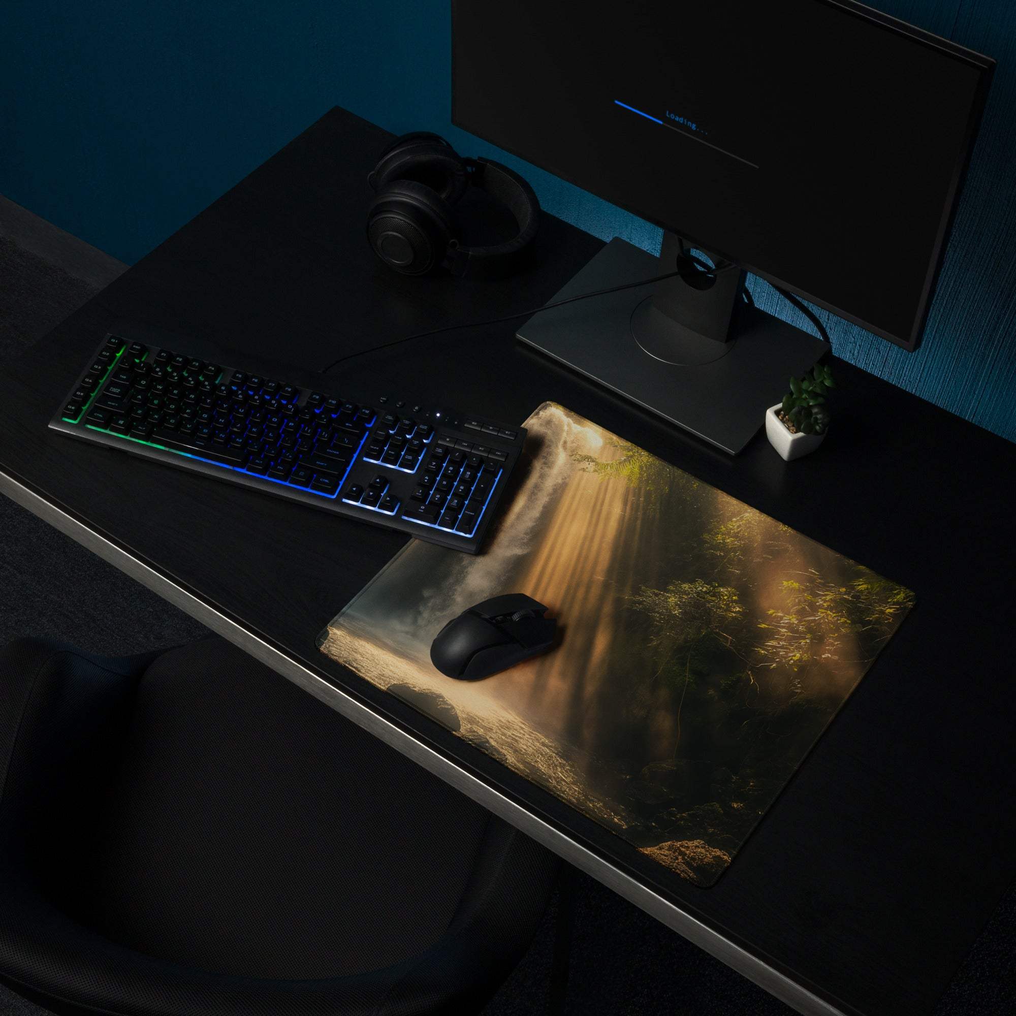 Golden sun rays waterfall forest gaming mouse pad large non-slip stitched