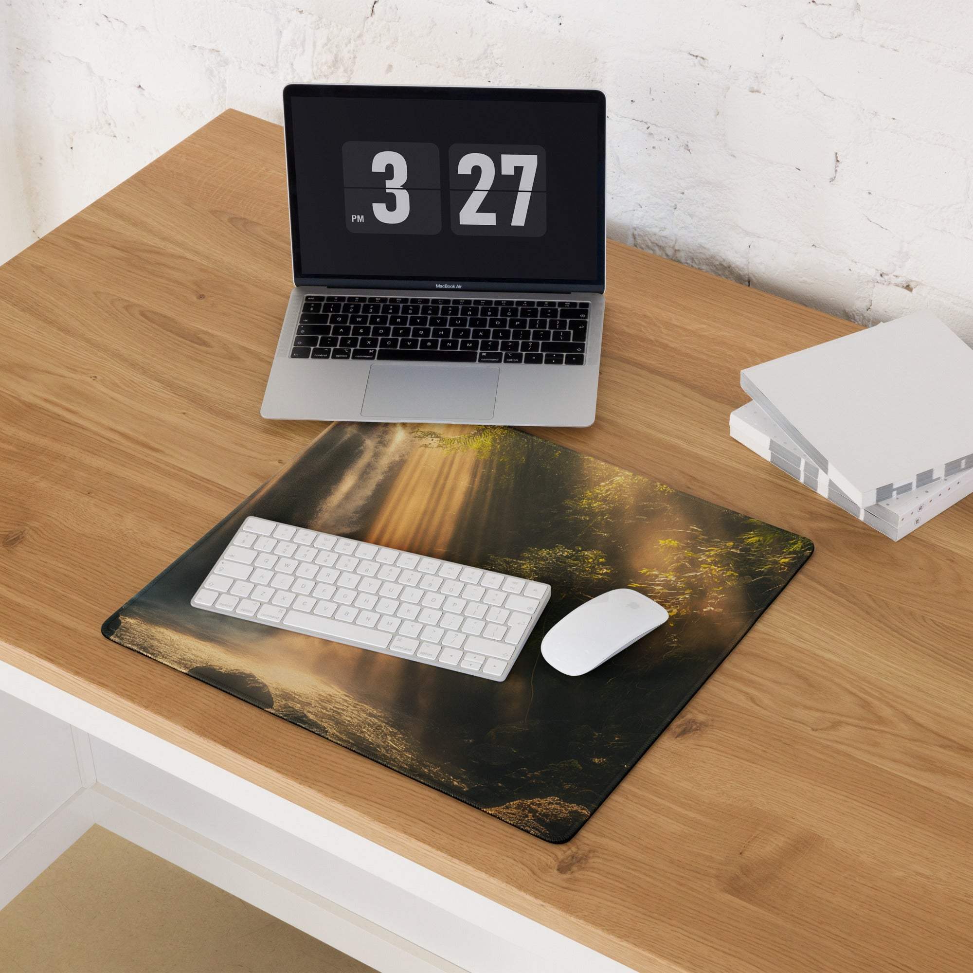Golden sun rays waterfall forest gaming mouse pad, large non-slip stitched edges