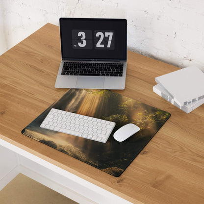 Golden sun rays waterfall forest gaming mouse pad, large non-slip stitched edges