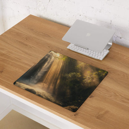Golden sun rays waterfall gaming mouse pad with misty forest photo