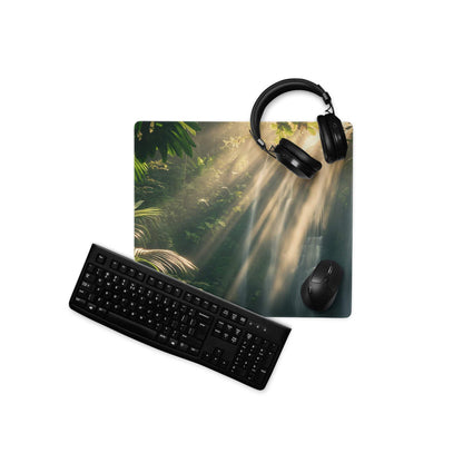 Black keyboard mouse on lush forest sunbeam gaming mousepad with headphones