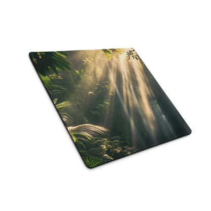 Lush forest sunbeam gaming mousepad with jungle foliage and water