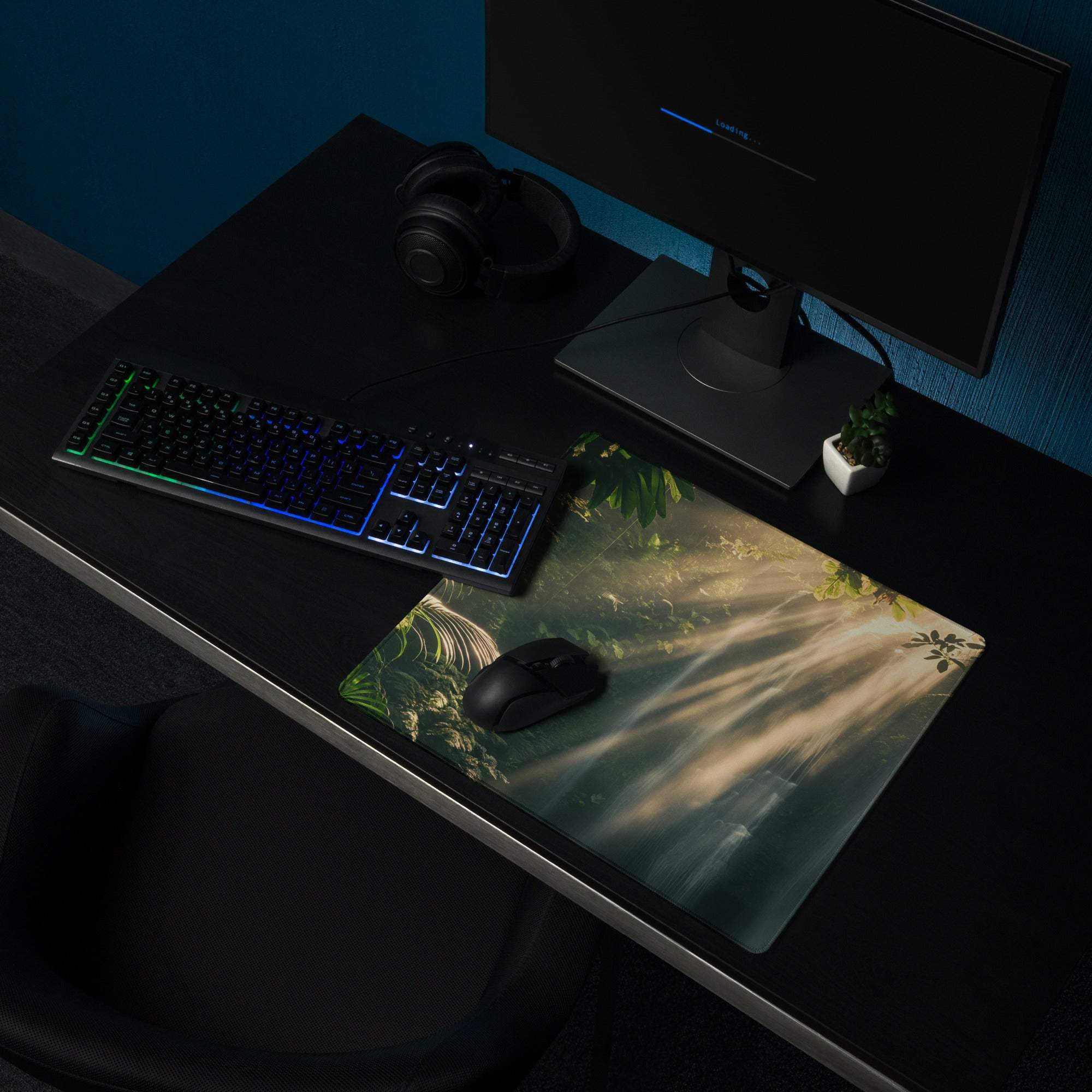 Lush Forest Sunbeam gaming mouse pad with glossy green foliage and non-slip base