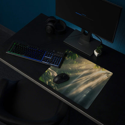 Lush Forest Sunbeam gaming mouse pad with glossy green foliage and non-slip base
