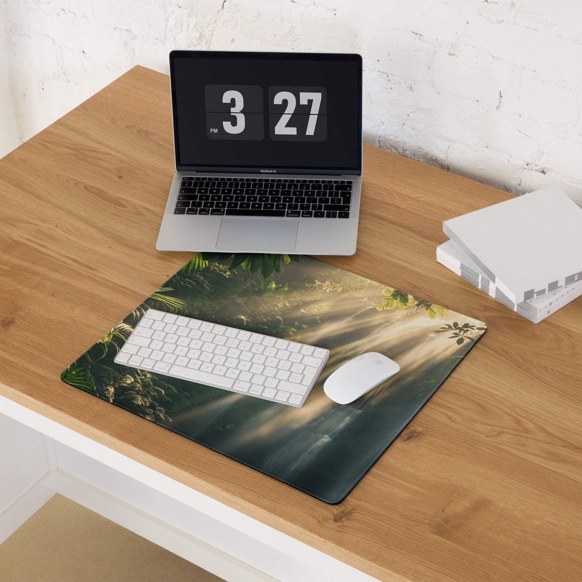 Lush Forest Sunbeam gaming mouse pad with glossy jungle greens and golden light