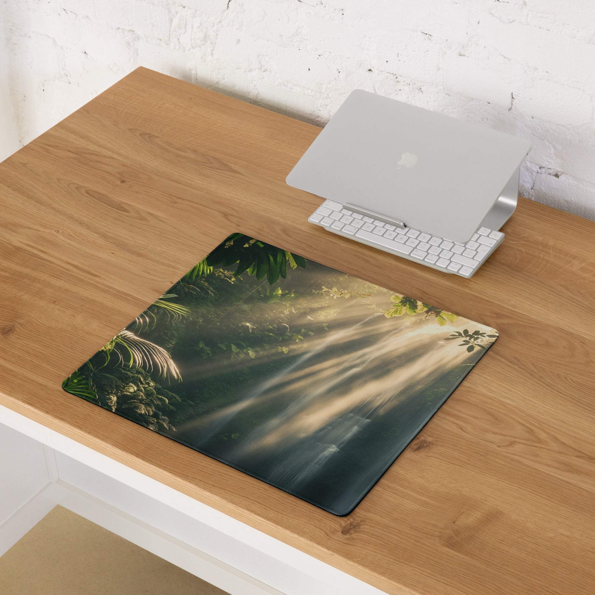 Lush Forest Sunbeam gaming mouse pad with jungle foliage and sunlight beams
