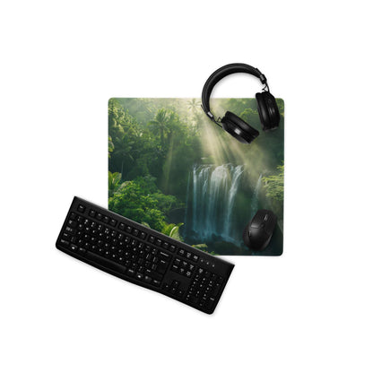 Black keyboard, mouse, and headphones on jungle waterfall green gaming mousepad