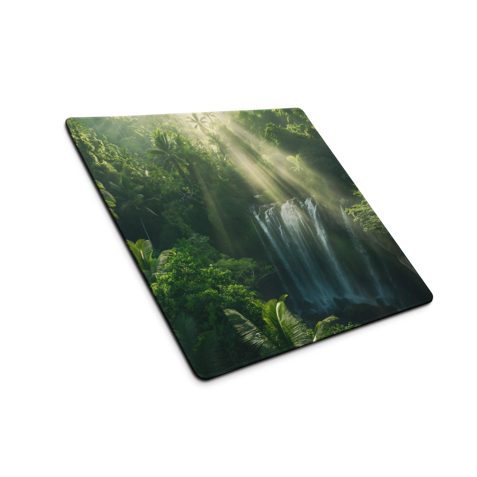 Large green jungle waterfall gaming mouse pad with non-slip backing