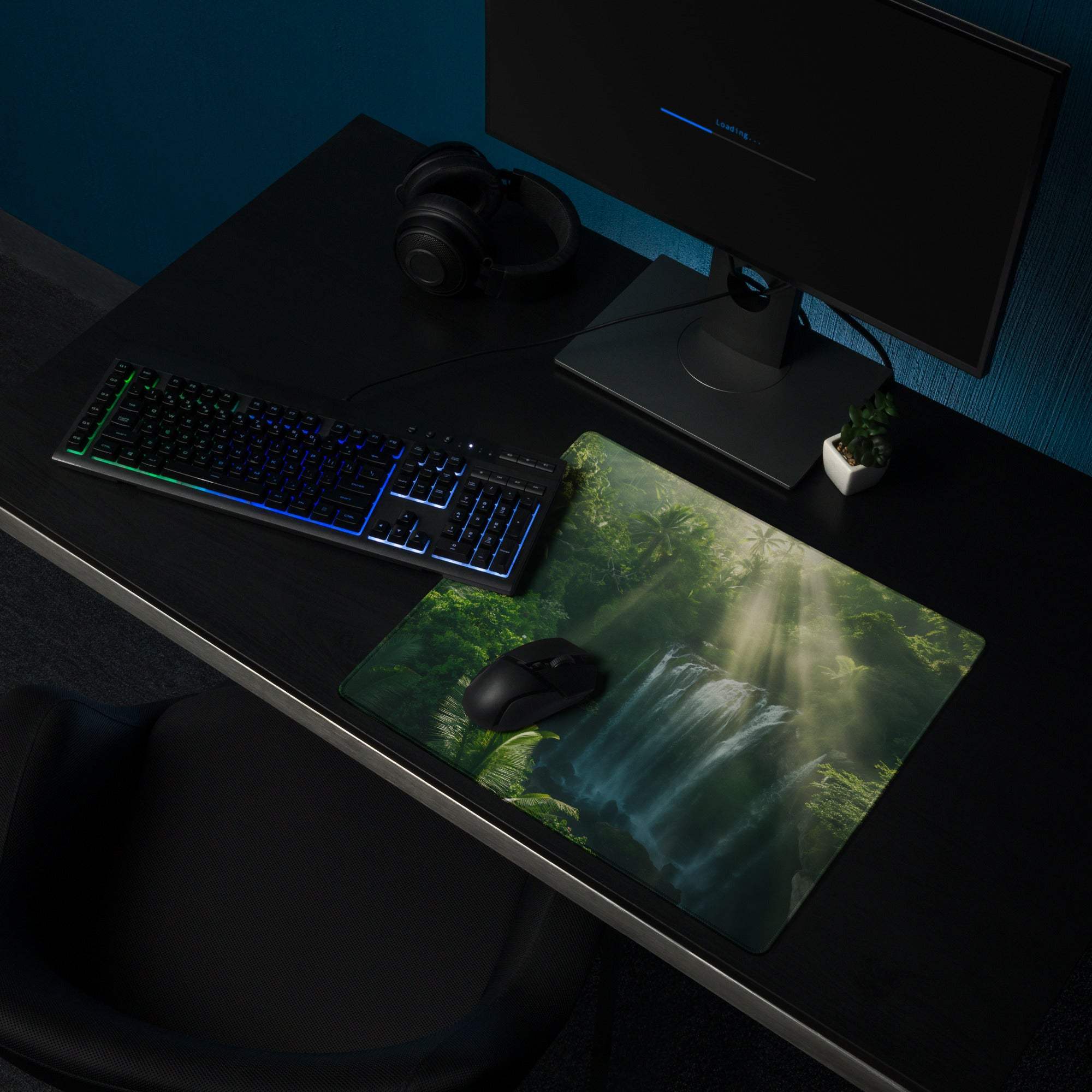 Nature inspired jungle waterfall green gaming mouse pad with non-slip backing