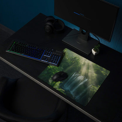 Nature inspired jungle waterfall green gaming mouse pad with non-slip backing
