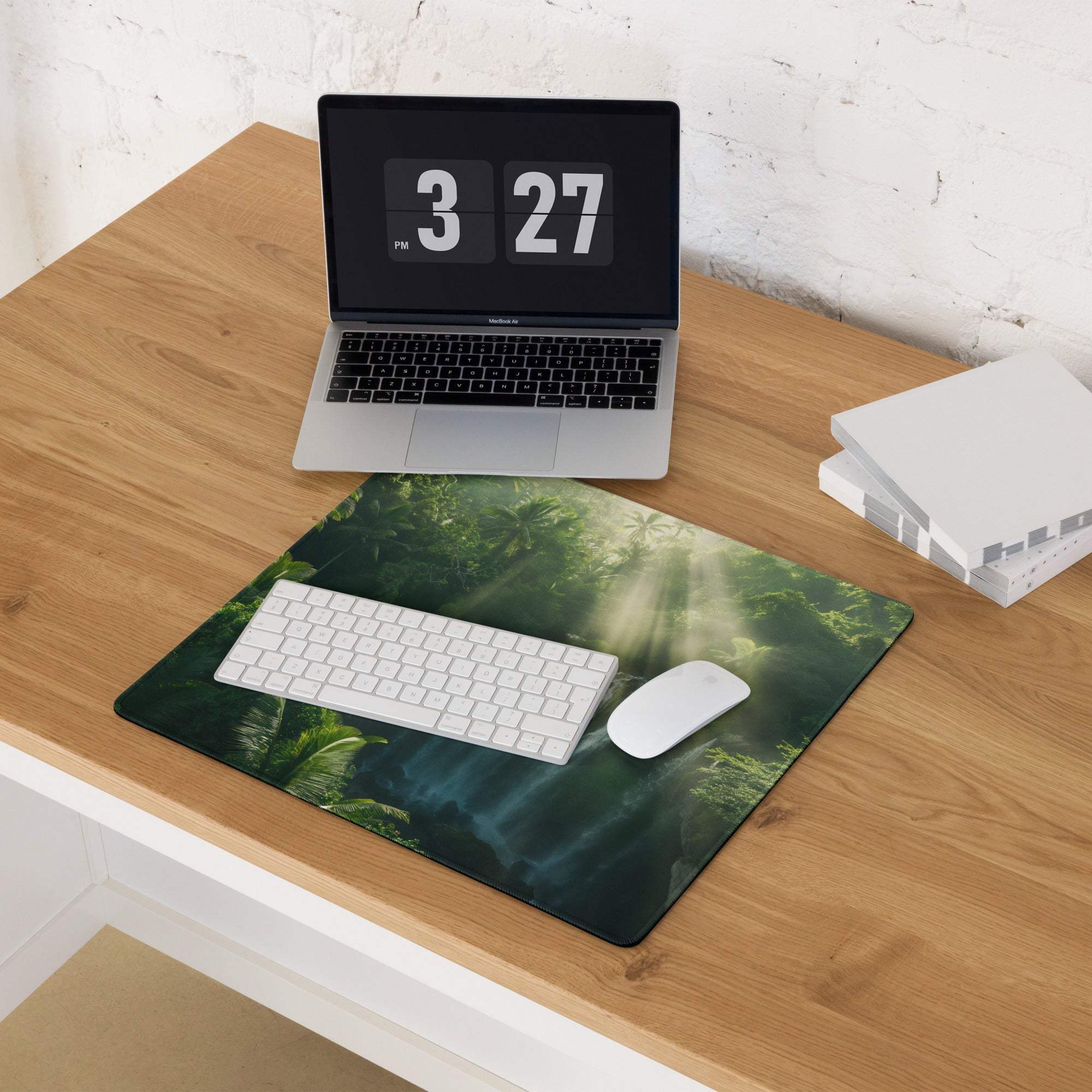 Green jungle waterfall gaming mouse pad with sunbeam, foliage, mist, non-slip backing