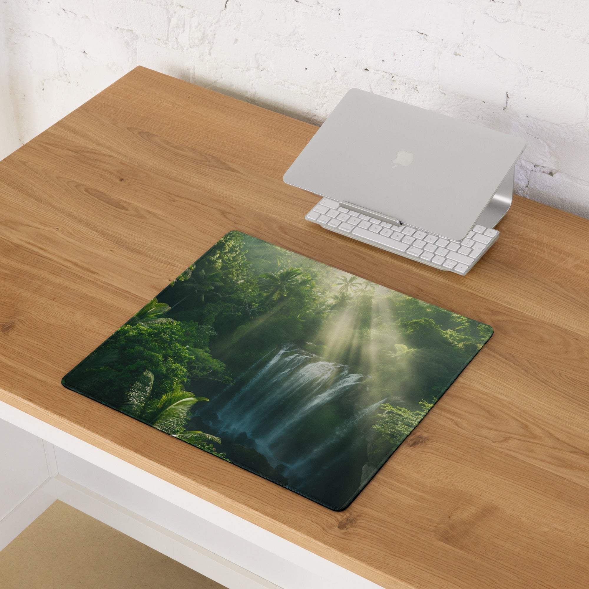 Large green jungle waterfall gaming mouse pad with non-slip backing