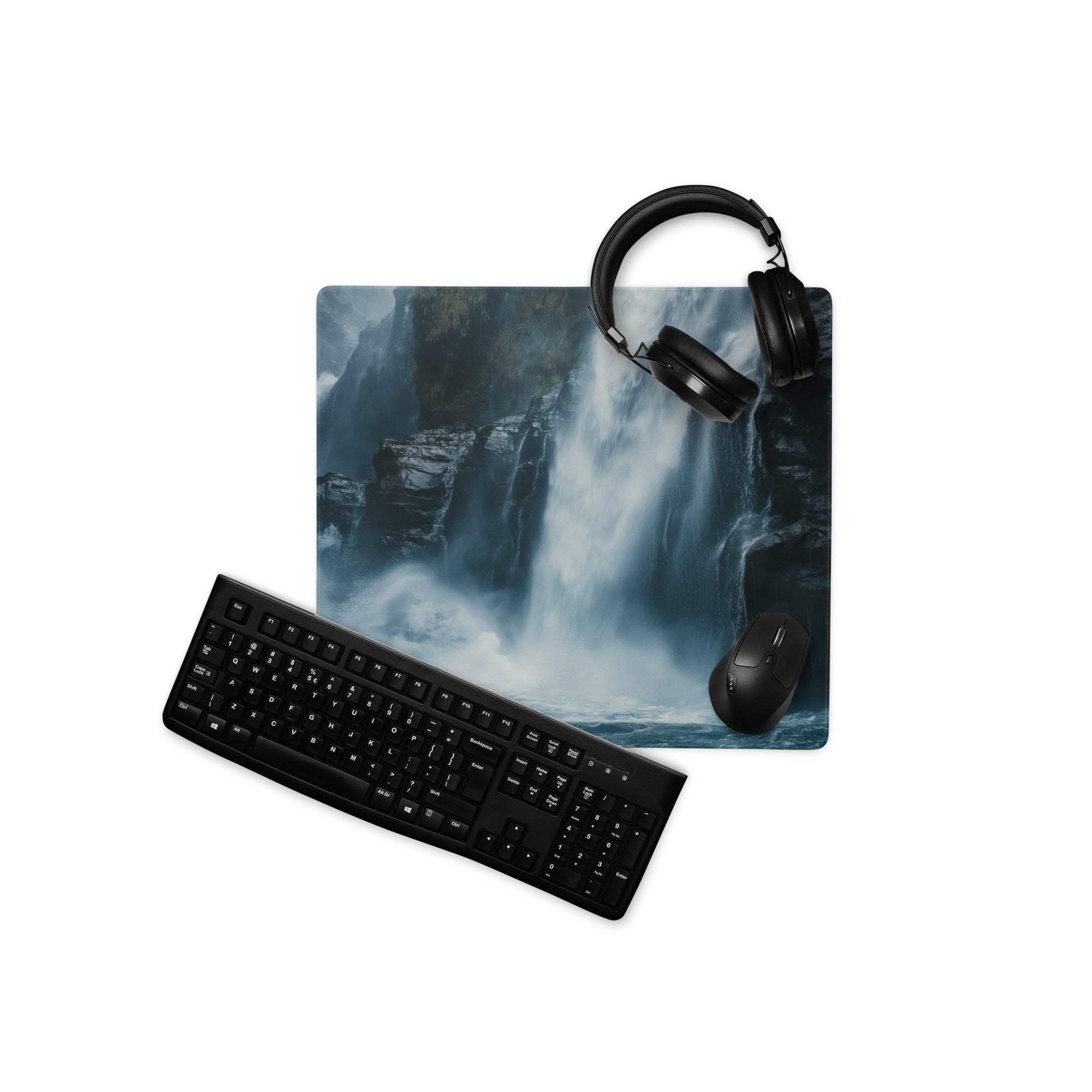 Black keyboard and mouse on Moody Blue Waterfall gaming mousepad