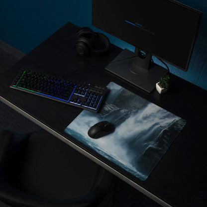 Blue and white Moody Blue Waterfall gaming mousepad with black wireless mouse