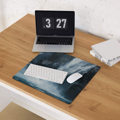 Moody Blue large gaming mousepad with dark blue gray misty mountains