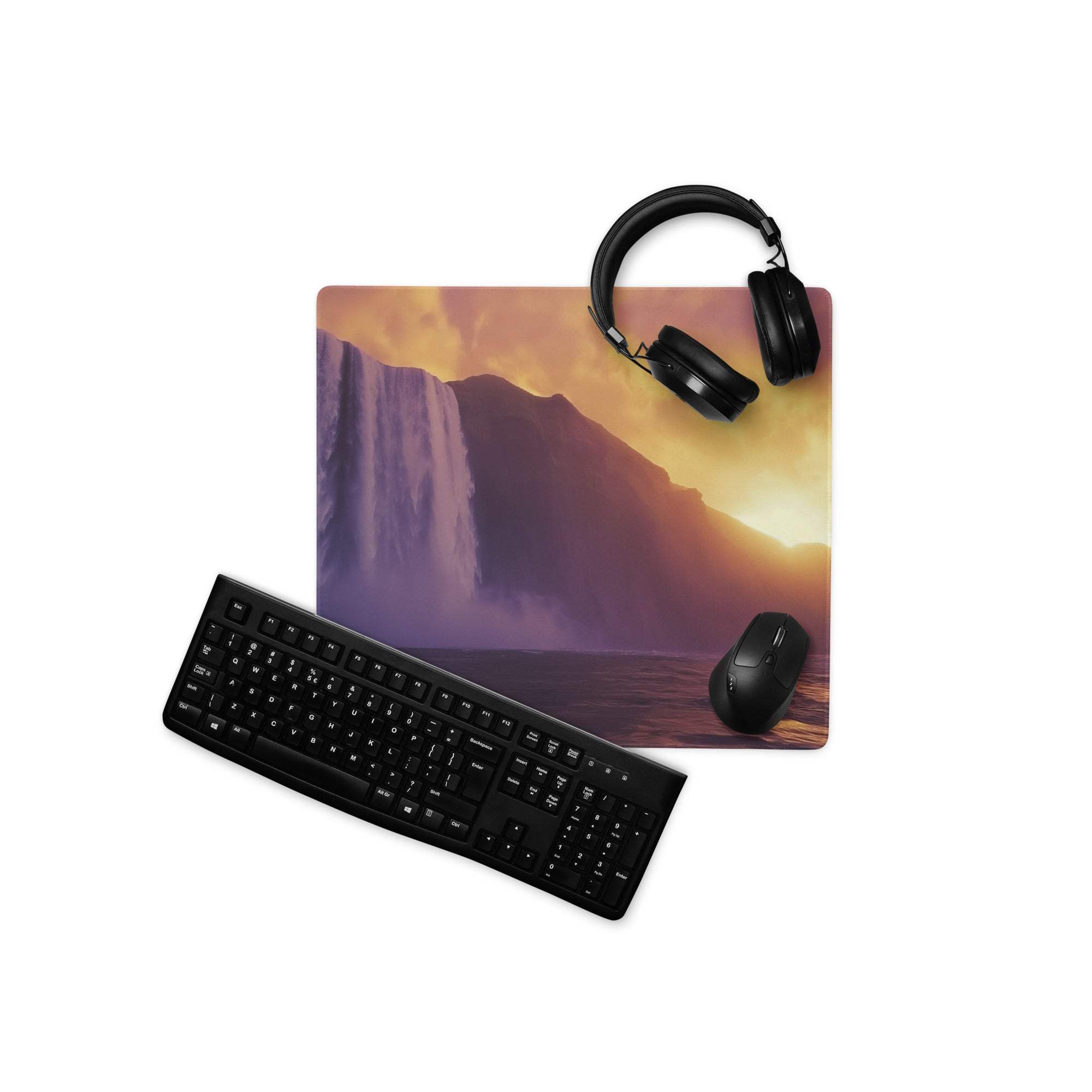 Epic sunset waterfall large gaming mouse pad with non-slip backing