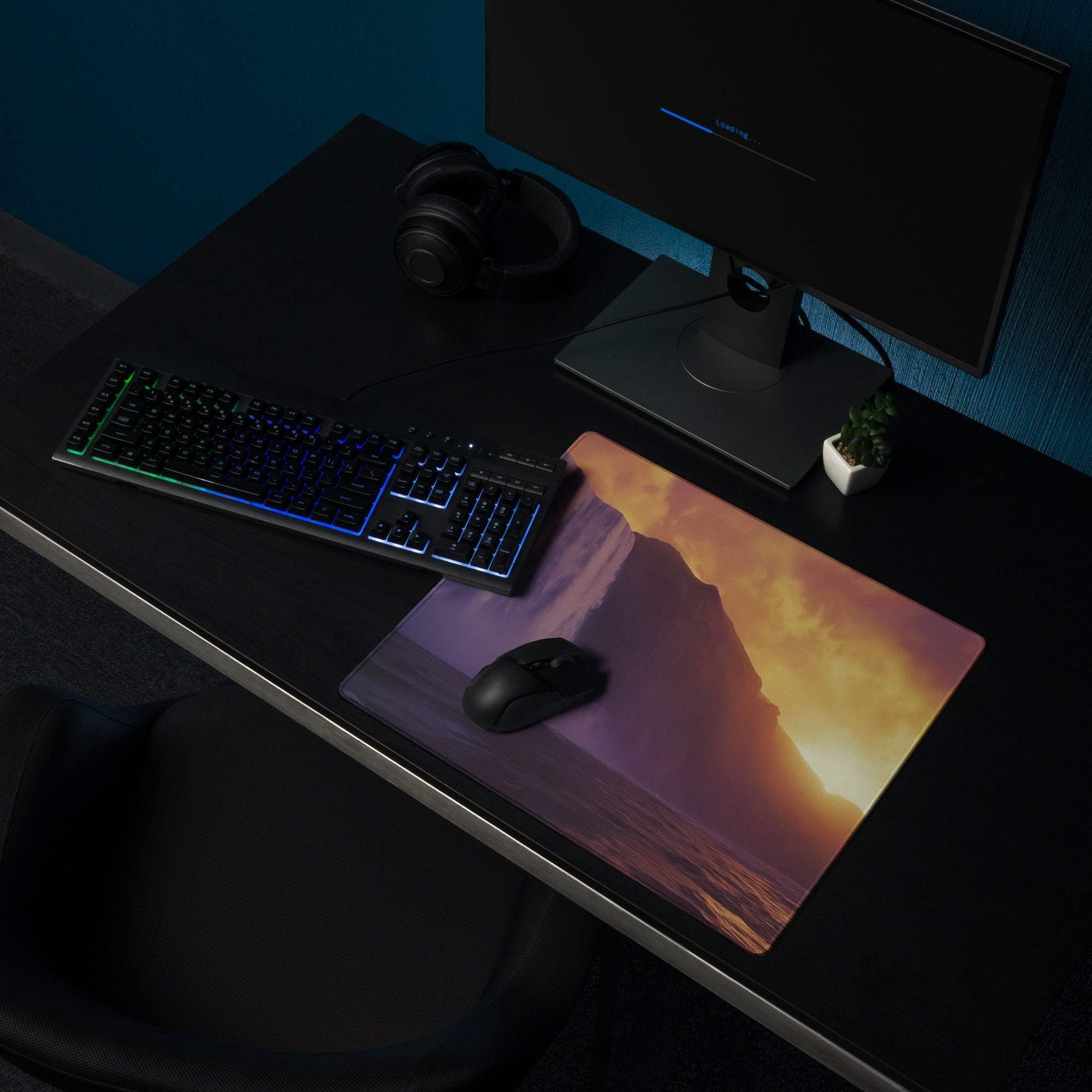 Epic Sunset Waterfall large gaming mouse pad with vibrant mountain sunset