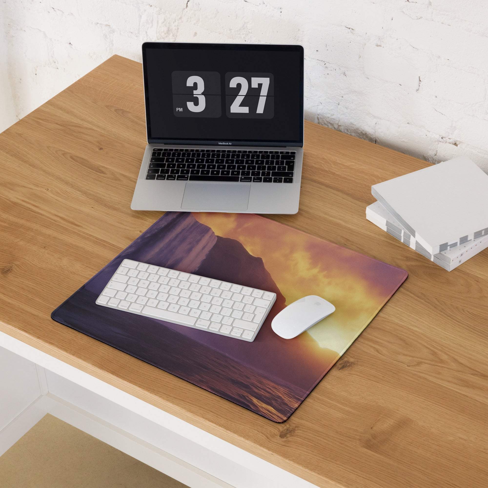 Epic Sunset Waterfall large gaming mouse pad with vibrant purple orange sunset over mountains