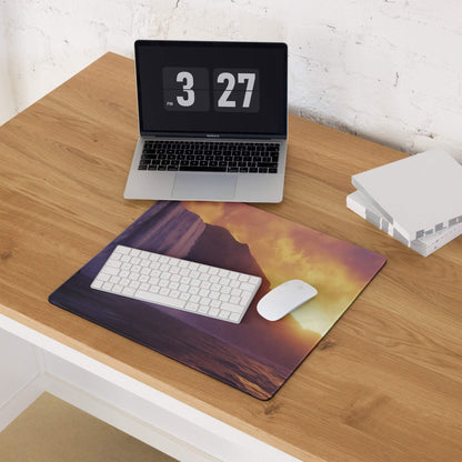 Epic Sunset Waterfall large gaming mouse pad with vibrant purple orange sunset over mountains