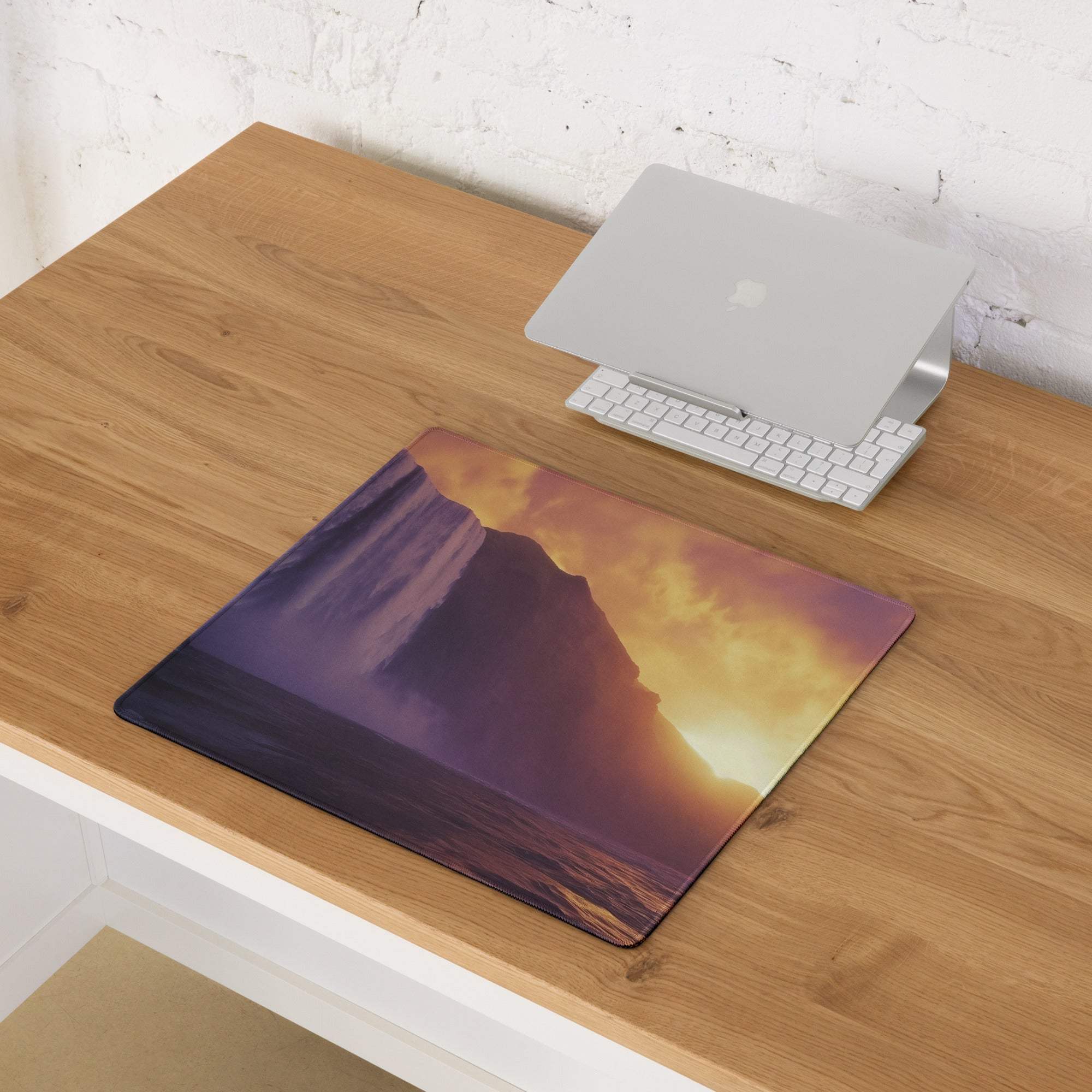 Epic sunset waterfall cliffside gaming mouse pad with non-slip backing