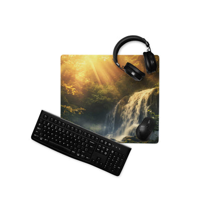 Black glossy QWERTY keyboard on Nature Scene Waterfall gaming mouse pad