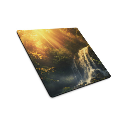 Large gaming mouse pad with golden hour waterfall in lush forest print